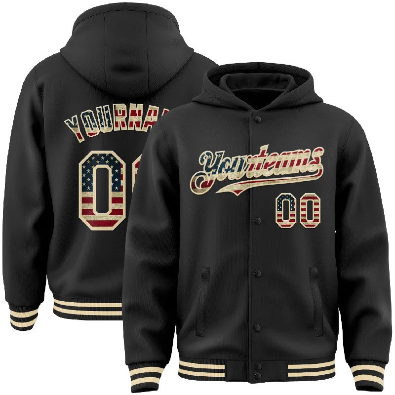 Fishing pliers ergonomic-Custom Black Vintage USA Flag-Cream Bomber Full-Snap Varsity Letterman Hoodie Jacket