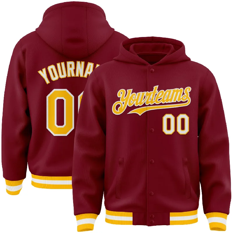 Fishing hook disgorger-Custom Crimson Gold-White Bomber Full-Snap Varsity Letterman Hoodie Jacket