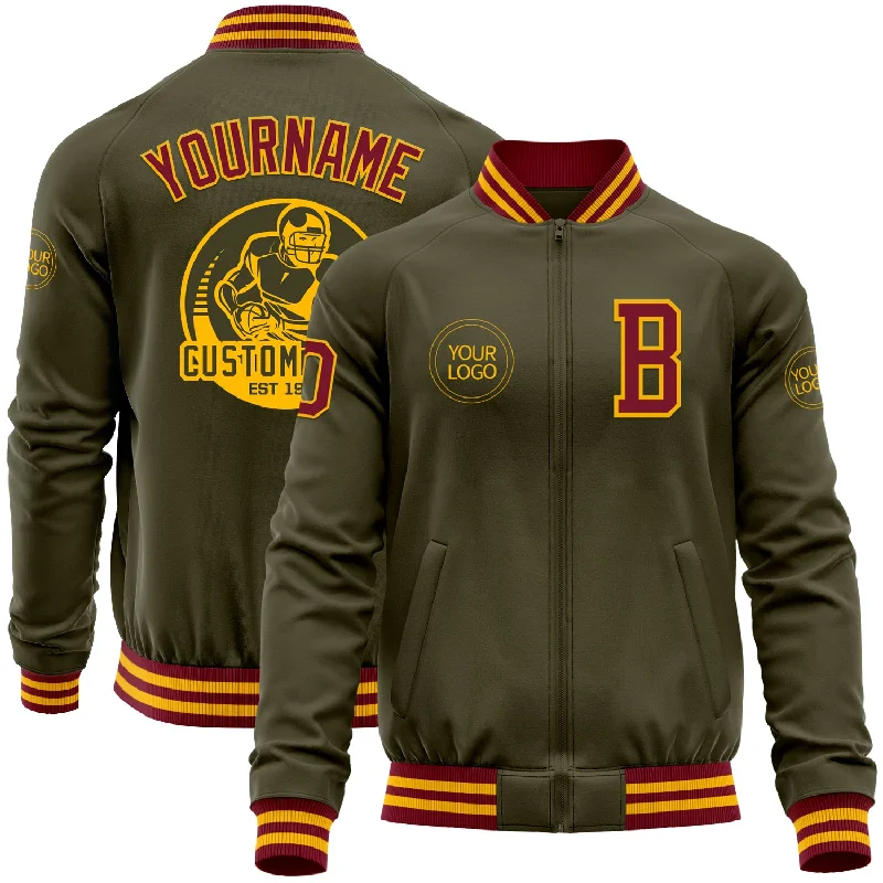 Fishing rod ceiling holder-Custom Olive Crimson-Gold Bomber Varsity Letterman Salute To Service Zipper Jacket