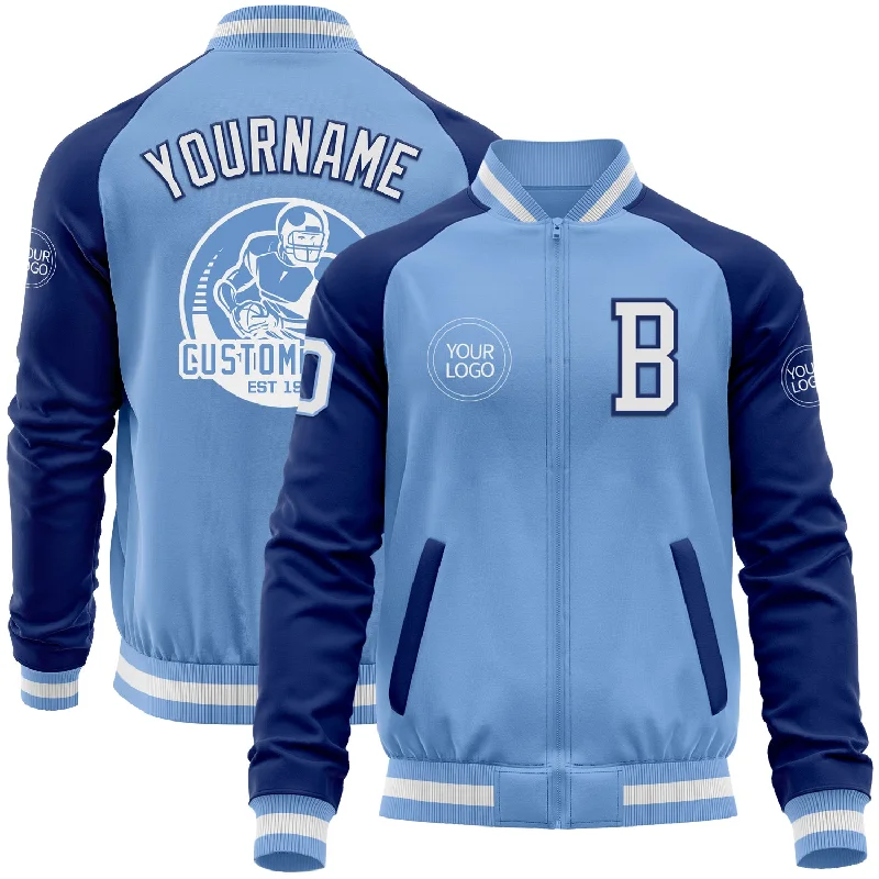 Fishing hook refinishing kit-Custom Light Blue White-Royal Bomber Varsity Letterman Two Tone Zipper Jacket