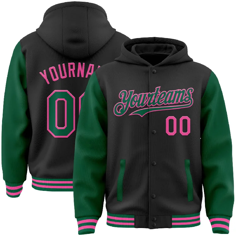 Fishing tackle hanging bag-Custom Black Kelly Green-Pink Bomber Full-Snap Varsity Letterman Two Tone Hoodie Jacket