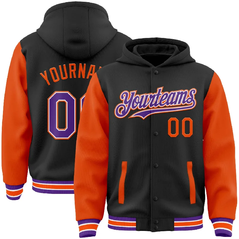 Fishing bait cutting tool-Custom Black Purple-Orange Bomber Full-Snap Varsity Letterman Two Tone Hoodie Jacket