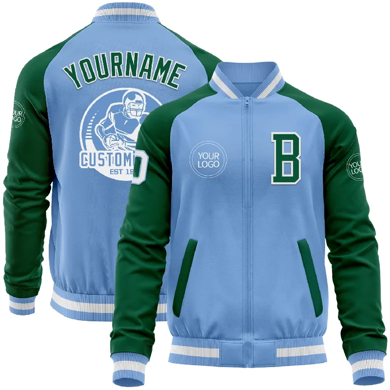 Fishing tackle transport case-Custom Light Blue White-Kelly Green Bomber Varsity Letterman Two Tone Zipper Jacket