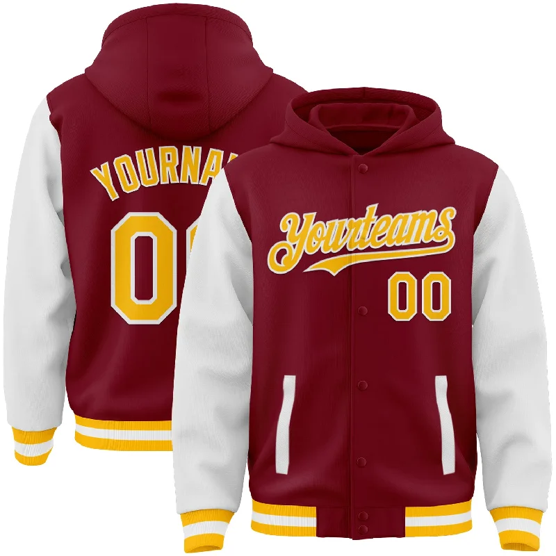 Fishing knot tying tool-Custom Crimson Gold-White Bomber Full-Snap Varsity Letterman Two Tone Hoodie Jacket