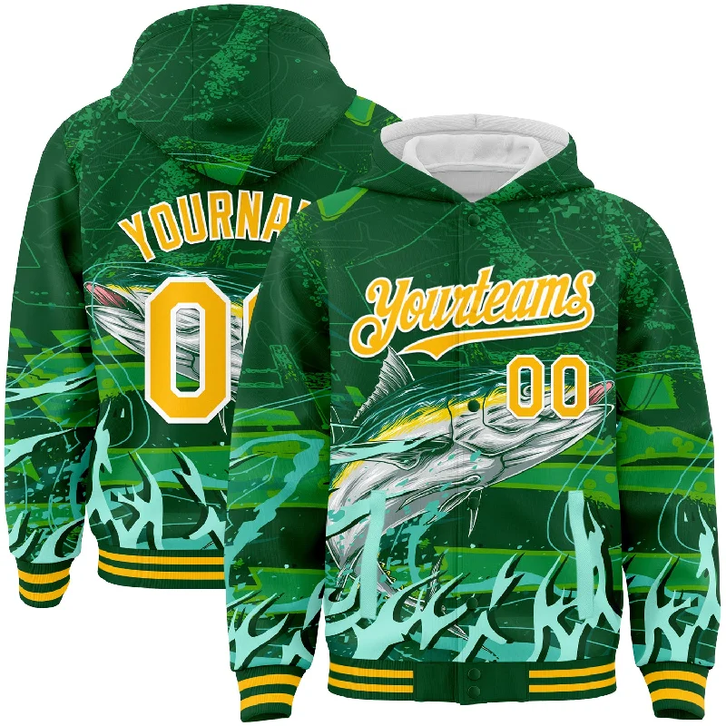 Fishing line braider-Custom Green Gold-White Tuna Fish Fishing 3D Bomber Full-Snap Varsity Letterman Hoodie Jacket