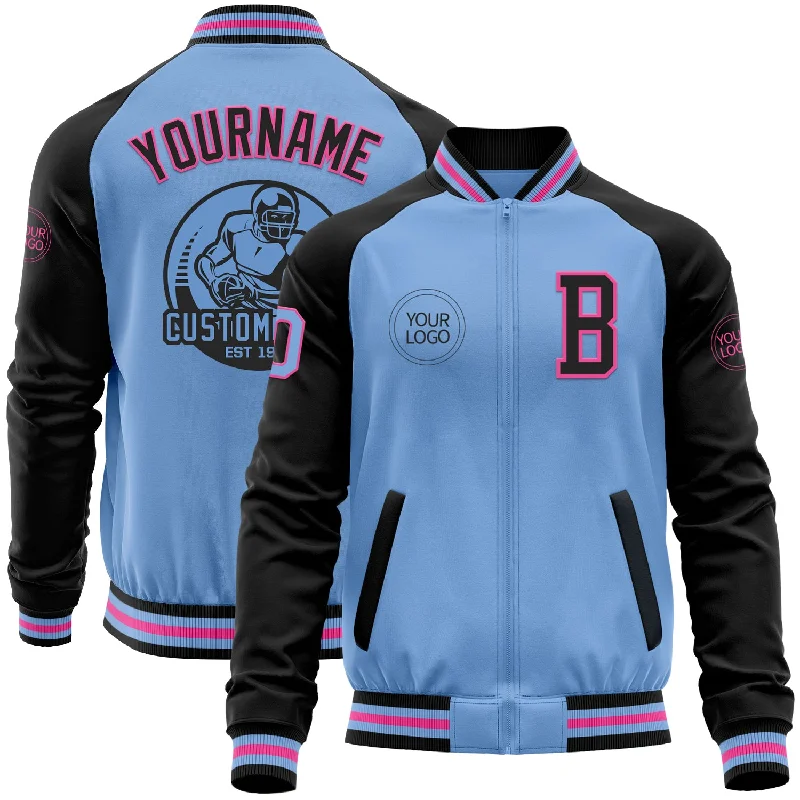 Fishing line tensioner device-Custom Light Blue Pink-Black Bomber Varsity Letterman Two Tone Zipper Jacket