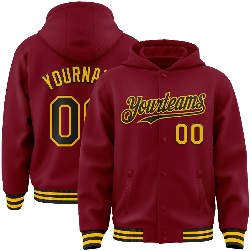 Fishing hook cleaner-Custom Crimson Black-Gold Bomber Full-Snap Varsity Letterman Hoodie Jacket