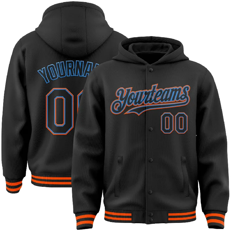 Fishing bait rolling tool-Custom Black Powder Blue-Orange Bomber Full-Snap Varsity Letterman Hoodie Jacket