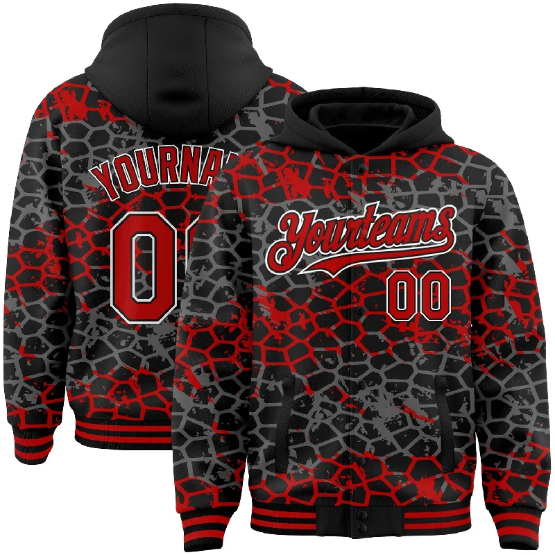 Fishing tackle compartment box-Custom Black Red-White Abstract Network 3D Pattern Design Bomber Full-Snap Varsity Letterman Hoodie Jacket