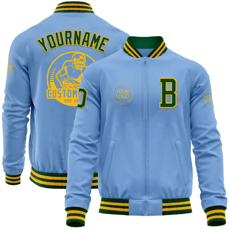 Fishing rod rack-Custom Light Blue Green-Gold Bomber Varsity Letterman Zipper Jacket