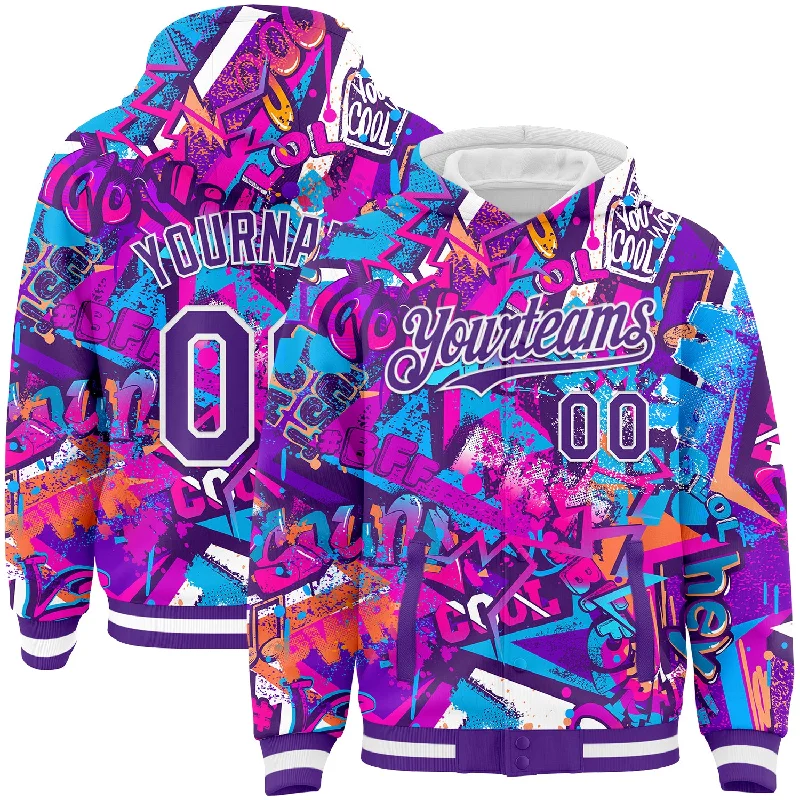 Fishing rod ceiling clamp-Custom Graffiti Pattern Purple-White Splash 3D Bomber Full-Snap Varsity Letterman Hoodie Jacket