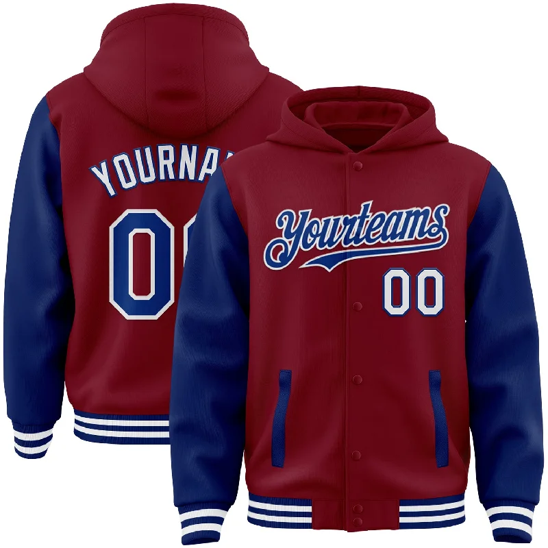 Fishing line cutter-Custom Crimson Royal-White Bomber Full-Snap Varsity Letterman Two Tone Hoodie Jacket