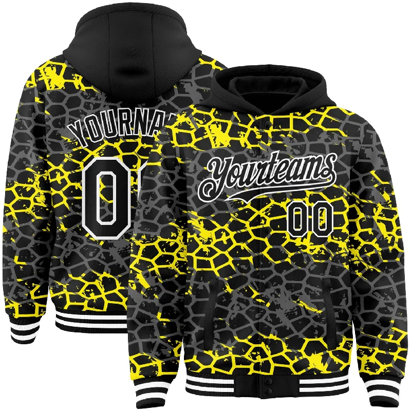 Fishing hook extractor device-Custom Black Light Yellow-White Abstract Network 3D Pattern Design Bomber Full-Snap Varsity Letterman Hoodie Jacket