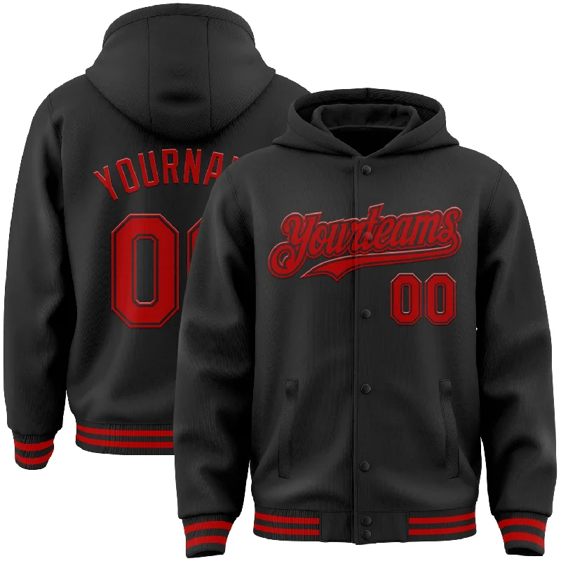 Fishing reel tuning wrench-Custom Black Red Bomber Full-Snap Varsity Letterman Hoodie Jacket