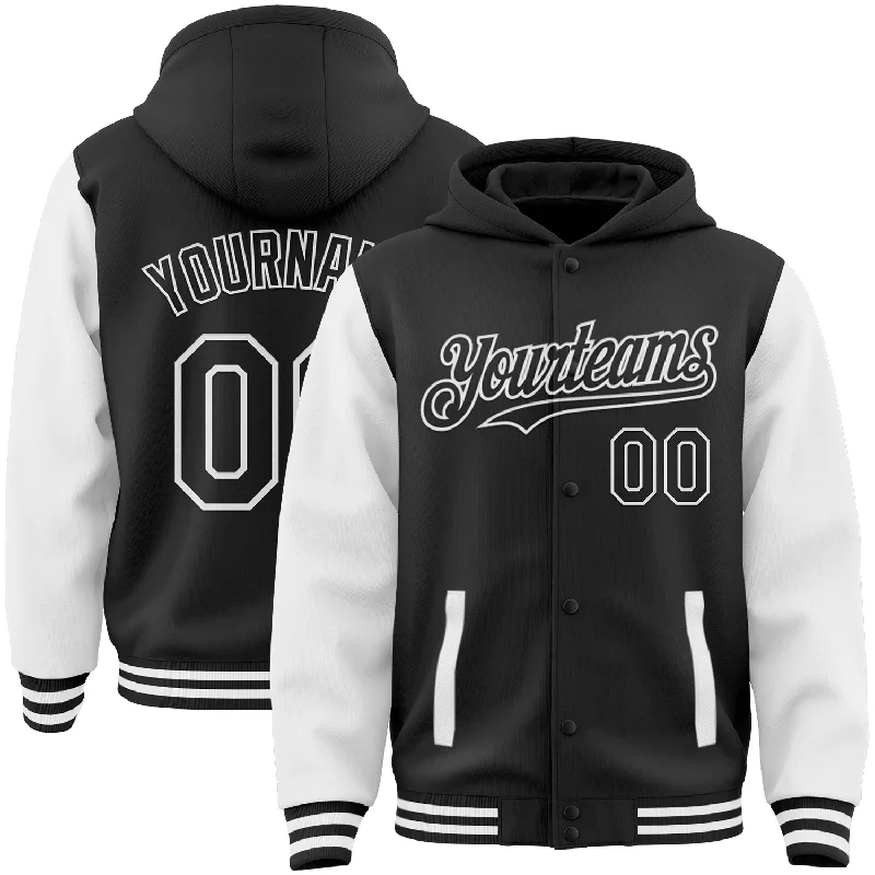 Fishing hook extractor tool-Custom Black White Bomber Full-Snap Varsity Letterman Two Tone Hoodie Jacket