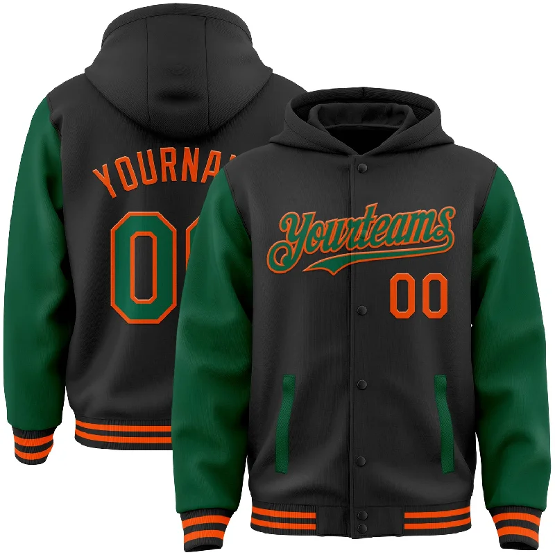 Fishing line coiler device-Custom Black Kelly Green-Orange Bomber Full-Snap Varsity Letterman Two Tone Hoodie Jacket