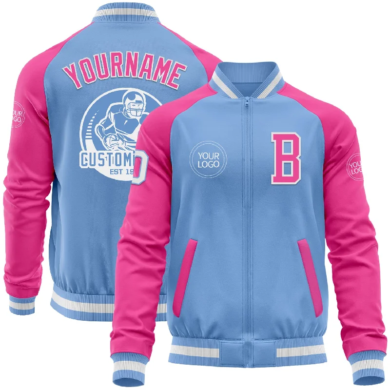 Fishing line spooling tool-Custom Light Blue White-Pink Bomber Varsity Letterman Two Tone Zipper Jacket