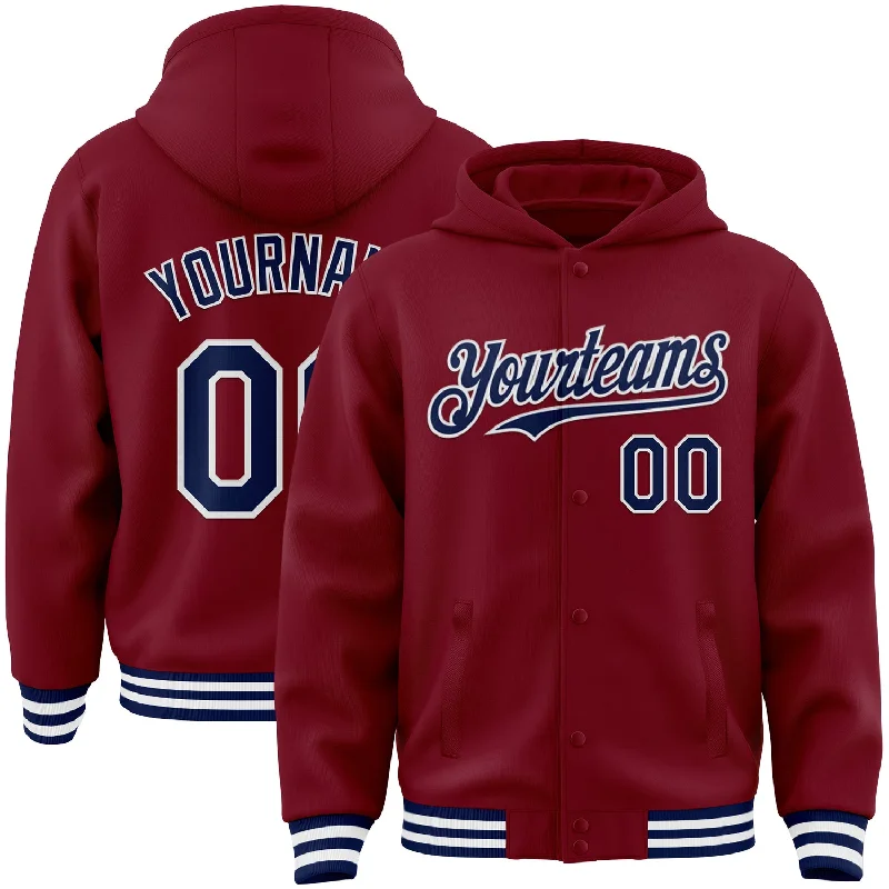 Fishing tackle tray-Custom Crimson Navy-White Bomber Full-Snap Varsity Letterman Hoodie Jacket