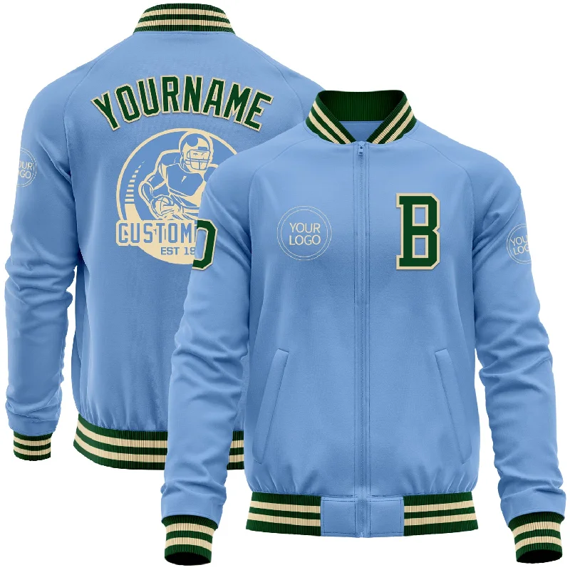 Fishing tackle divider-Custom Light Blue Green-Cream Bomber Varsity Letterman Zipper Jacket