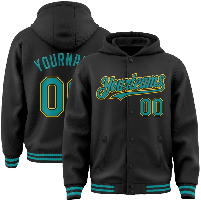 Fishing hook unhooking tool-Custom Black Teal-Yellow Bomber Full-Snap Varsity Letterman Hoodie Jacket