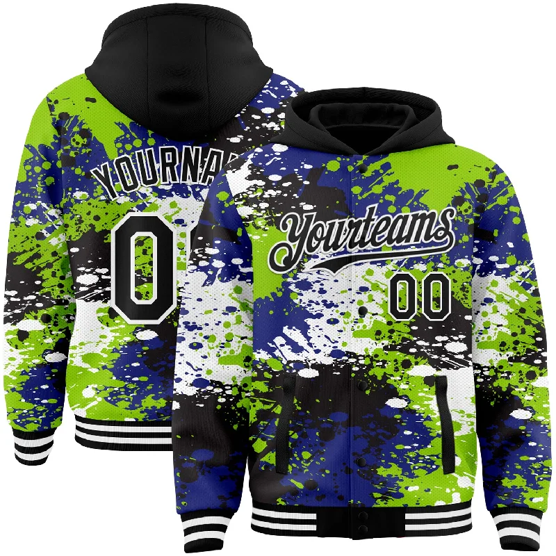 Fishing hook polishing tool-Custom Black Neon Green-Royal Abstract Splash Grunge Art 3D Pattern Design Bomber Full-Snap Varsity Letterman Hoodie Jacket