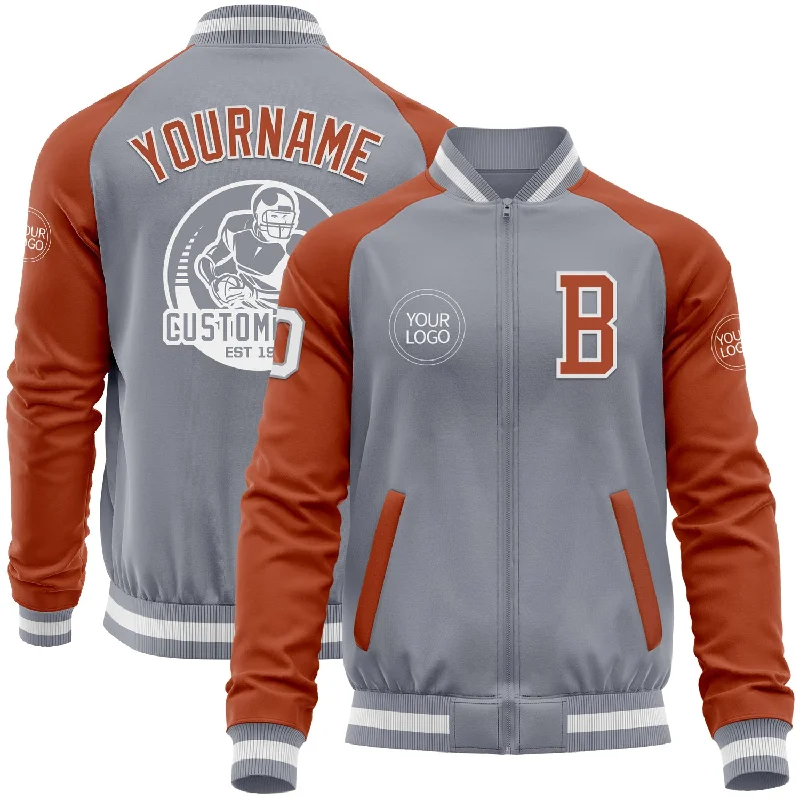 Fishing tackle rack system-Custom Gray White-Texas Orange Bomber Varsity Letterman Two Tone Zipper Jacket