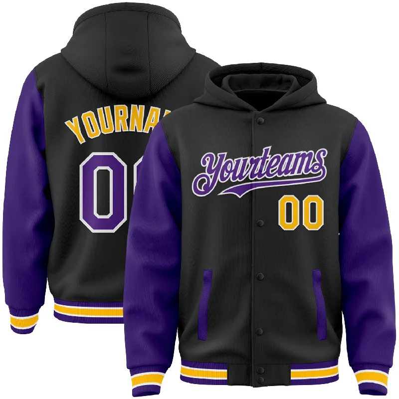 Fishing rod ceiling rack-Custom Black Purple-Gold Bomber Full-Snap Varsity Letterman Two Tone Hoodie Jacket