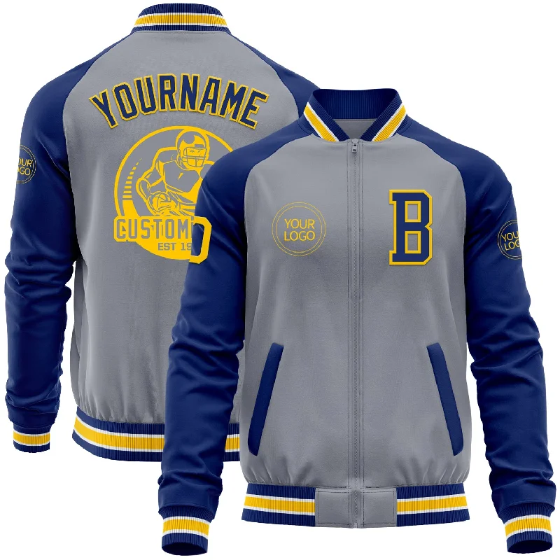 Fishing hook refinisher-Custom Gray Yellow-Royal Bomber Varsity Letterman Two Tone Zipper Jacket