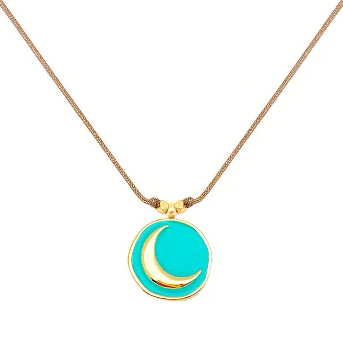 Fishing reel carrying pouch-Enamel Charm Necklace - Aqua Crescent Moon 16"