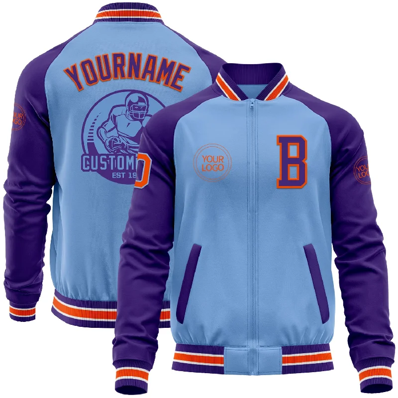 Fishing tackle utility tray-Custom Light Blue Orange-Purple Bomber Varsity Letterman Two Tone Zipper Jacket