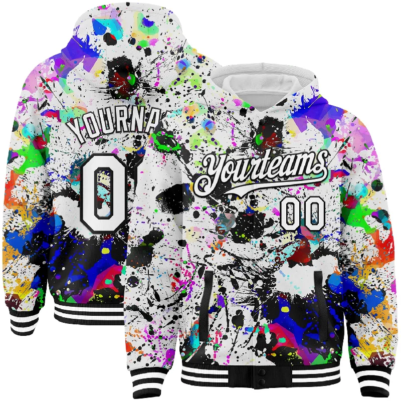 Fishing rod handle adhesive-Custom Graffiti Pattern White-Black Splash 3D Bomber Full-Snap Varsity Letterman Hoodie Jacket