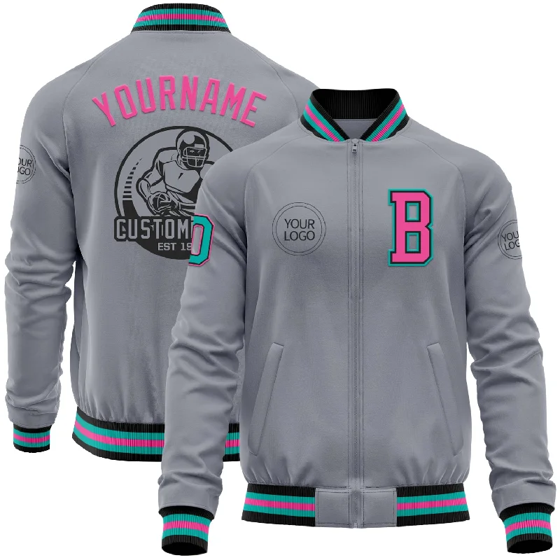 Fishing hook refinishing tool-Custom Gray Aqua Black-Pink Bomber Varsity Letterman Zipper Jacket