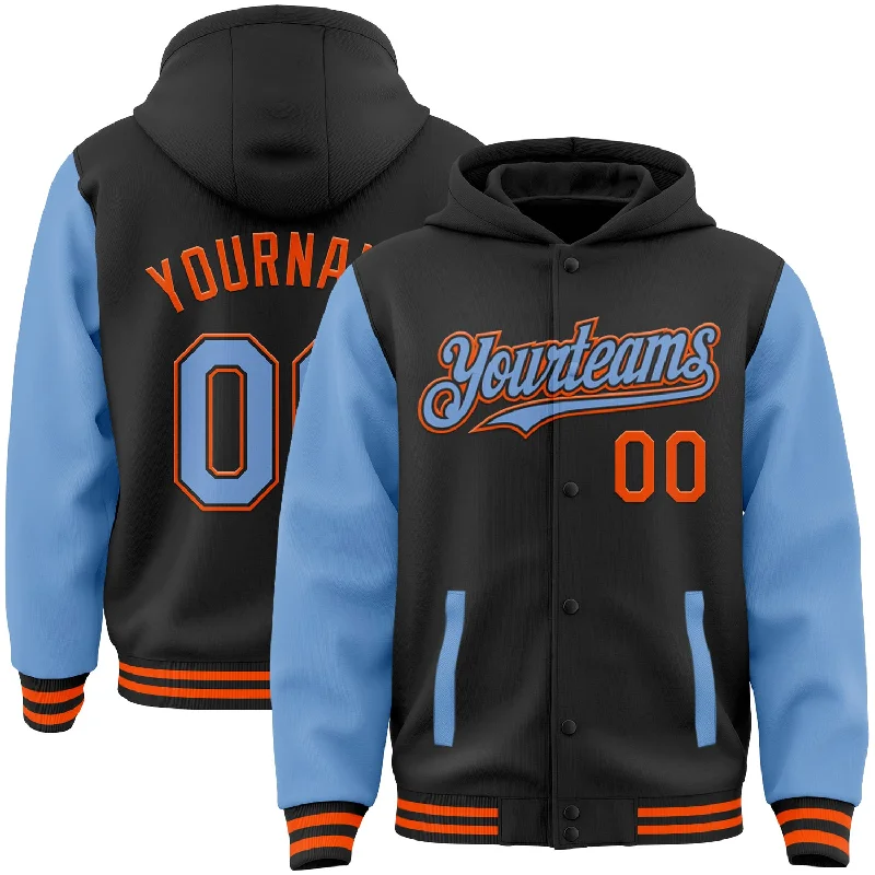 Fishing reel servicing wrench-Custom Black Light Blue-Orange Bomber Full-Snap Varsity Letterman Two Tone Hoodie Jacket