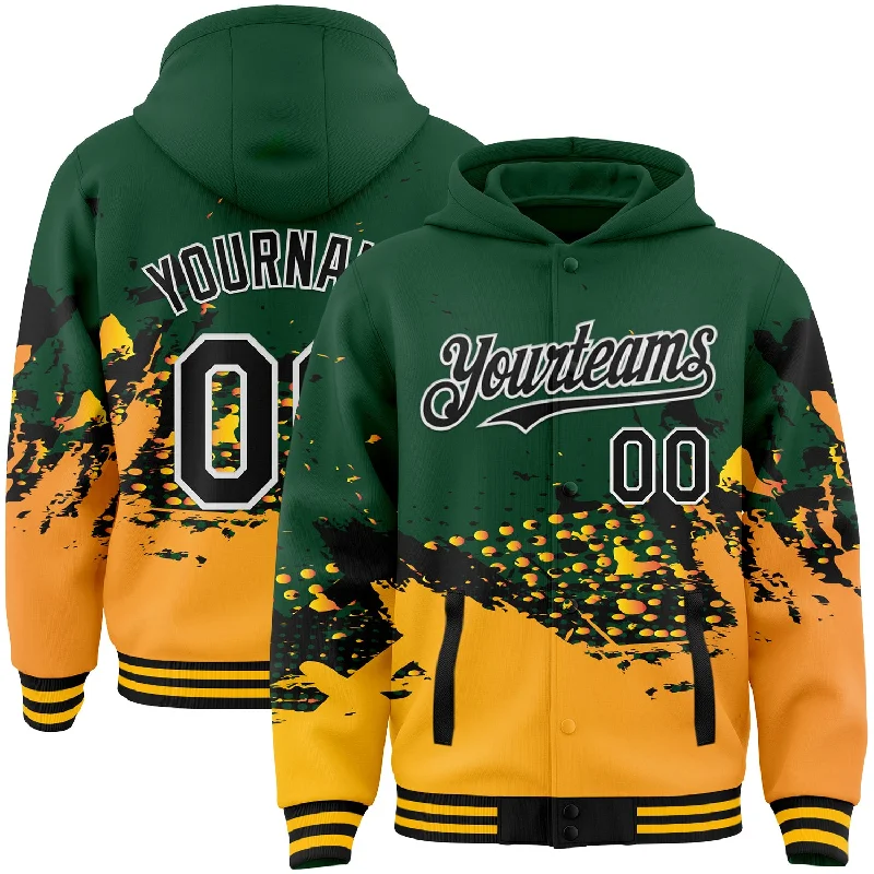 Fishing pliers corrosion proof-Custom Green Black-Gold Abstract Splash Grunge Art 3D Pattern Design Bomber Full-Snap Varsity Letterman Hoodie Jacket