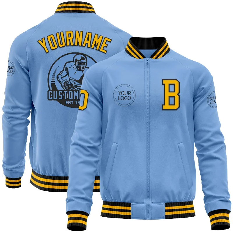 Fishing line cleaner-Custom Light Blue Gold-Black Bomber Varsity Letterman Zipper Jacket