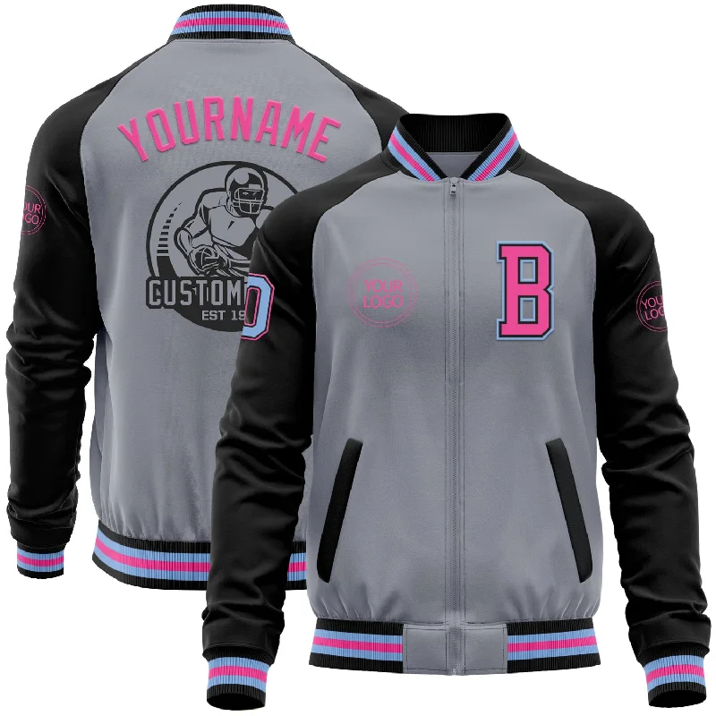 Fishing line spool holder-Custom Gray Light Blue Black-Pink Bomber Varsity Letterman Two Tone Zipper Jacket