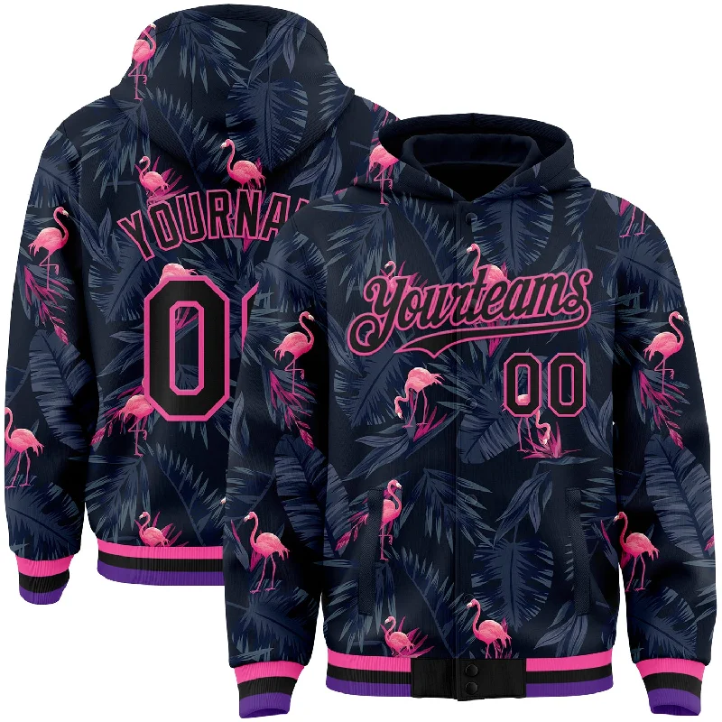 Fishing tackle portable rack-Custom Black Pink Flamingo 3D Pattern Design Bomber Full-Snap Varsity Letterman Hoodie Jacket