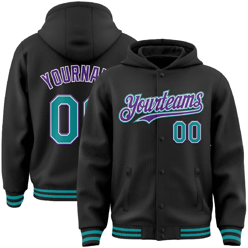 Fishing bait cutter-Custom Black Teal-Purple Bomber Full-Snap Varsity Letterman Hoodie Jacket