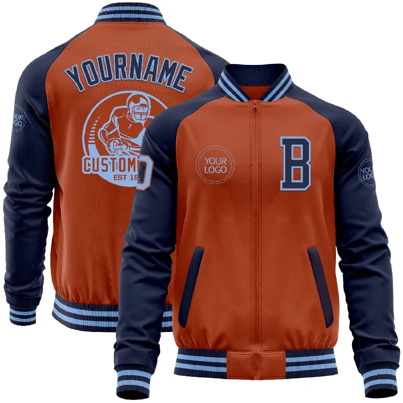 Fishing tackle accessory kit-Custom Texas Orange Light Blue-Navy Bomber Varsity Letterman Two Tone Zipper Jacket