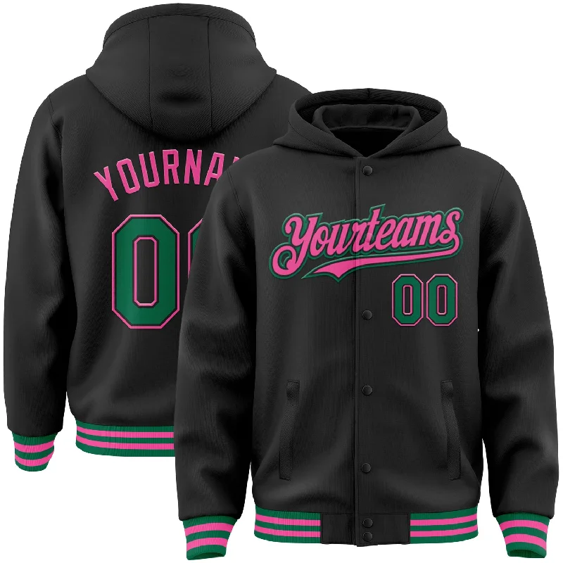 Fishing hook sharpening system-Custom Black Kelly Green-Pink Bomber Full-Snap Varsity Letterman Hoodie Jacket