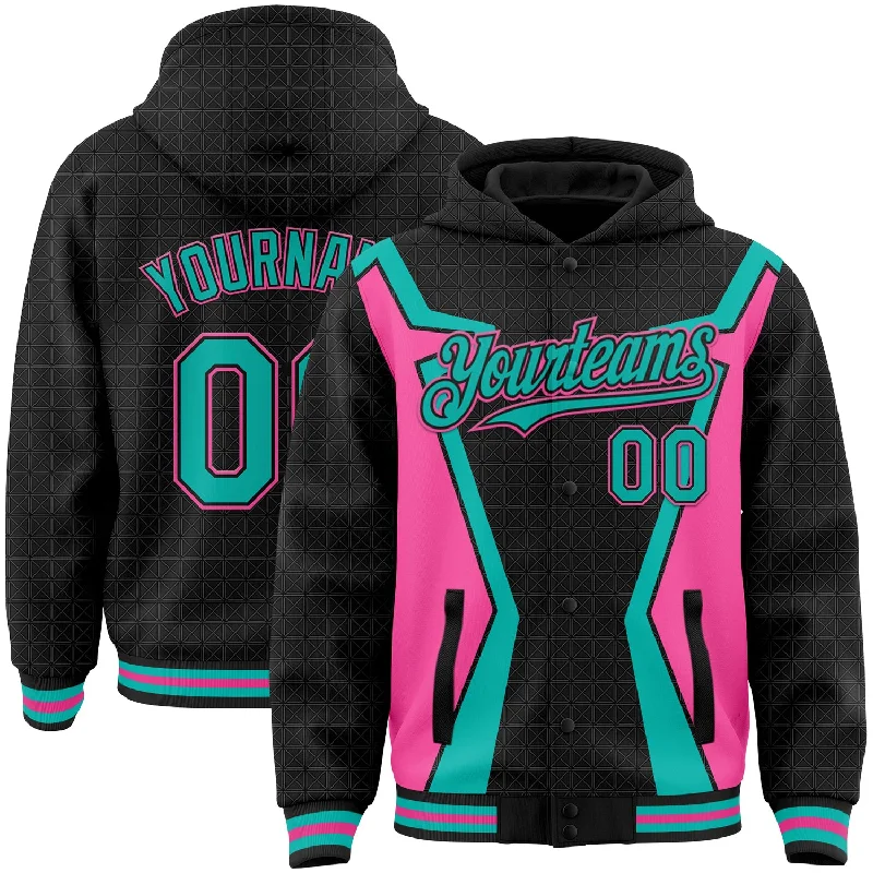 Fishing pliers stainless steel-Custom Black Aqua-Pink Arrow 3D Pattern Design Bomber Full-Snap Varsity Letterman Hoodie Jacket