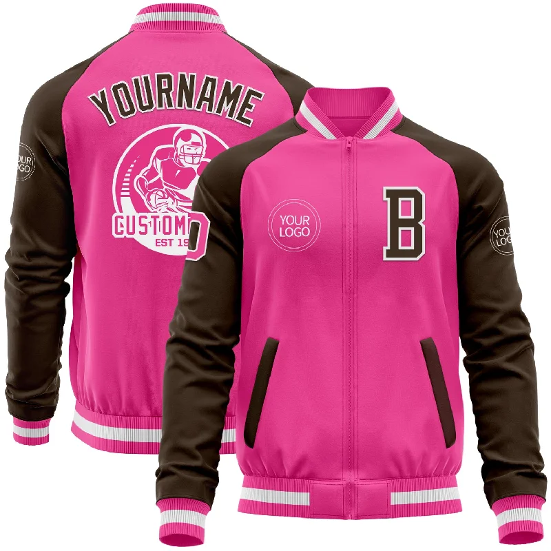 Fishing line tester-Custom Pink White-Brown Bomber Varsity Letterman Two Tone Zipper Jacket