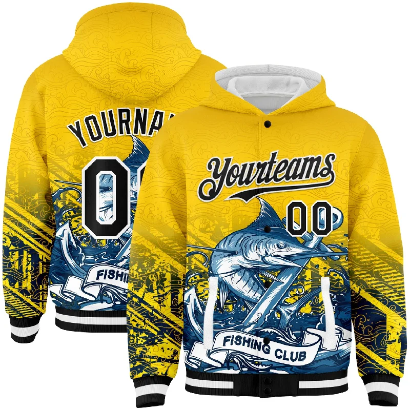 Fishing line tester-Custom Gold Black-White Marlin Fish Fishing 3D Bomber Full-Snap Varsity Letterman Hoodie Jacket