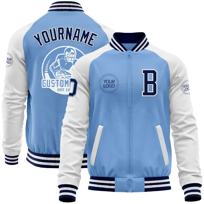 Fishing hook sharpening accessory-Custom Light Blue Navy-White Bomber Varsity Letterman Two Tone Zipper Jacket