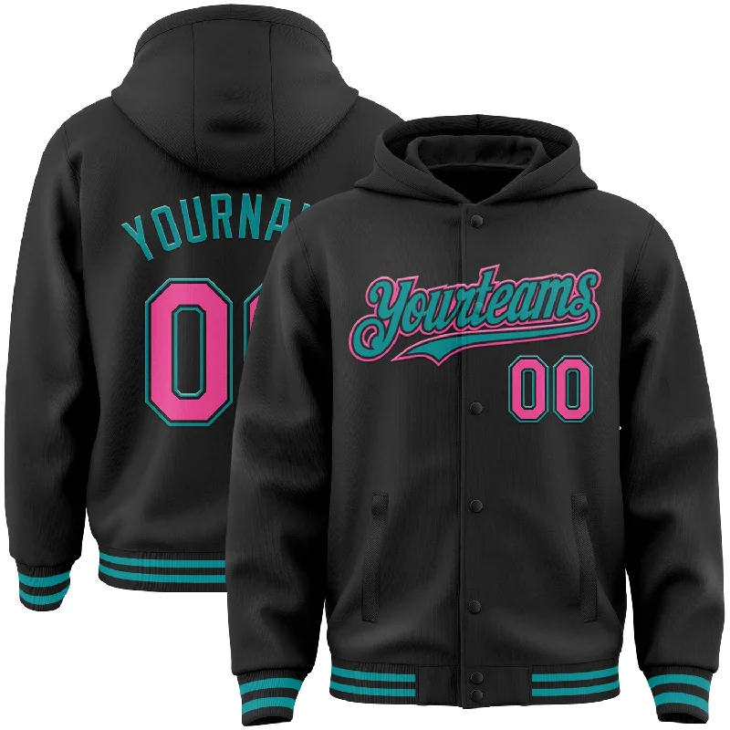 Fishing rod repair epoxy-Custom Black Pink-Teal Bomber Full-Snap Varsity Letterman Hoodie Jacket