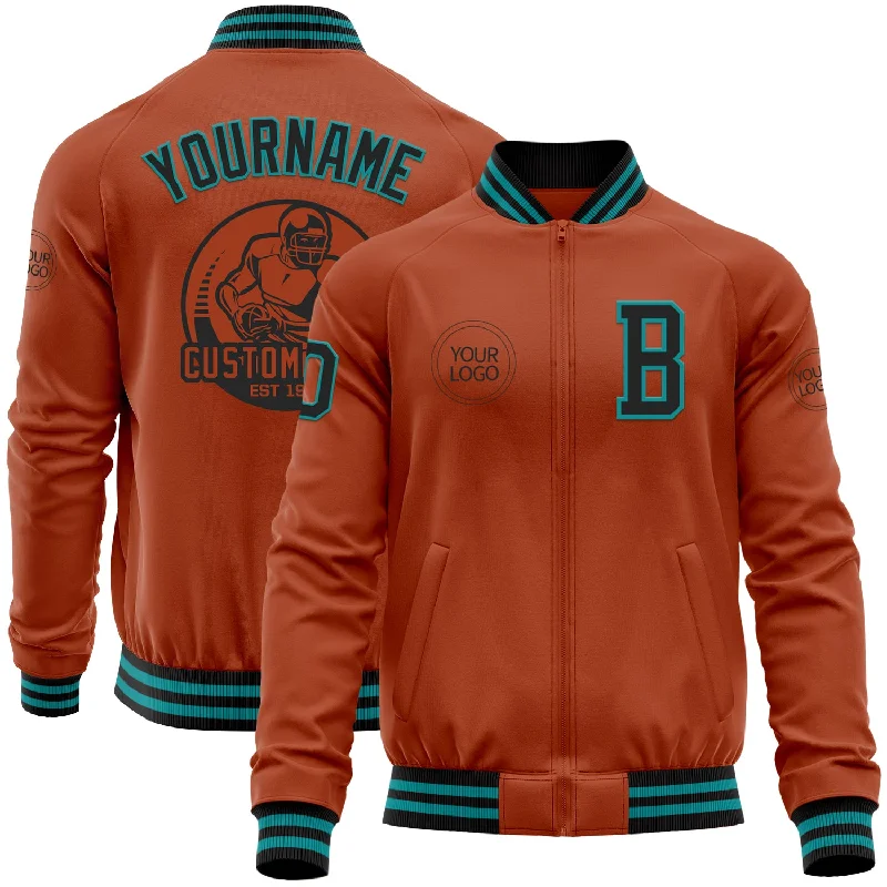 Fishing rod handle tape-Custom Texas Orange Black-Teal Bomber Varsity Letterman Zipper Jacket