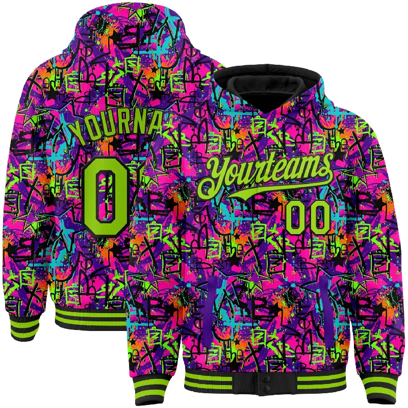 Fishing bait rolling kit-Custom Graffiti Pattern Neon Green-Black Splash 3D Bomber Full-Snap Varsity Letterman Hoodie Jacket