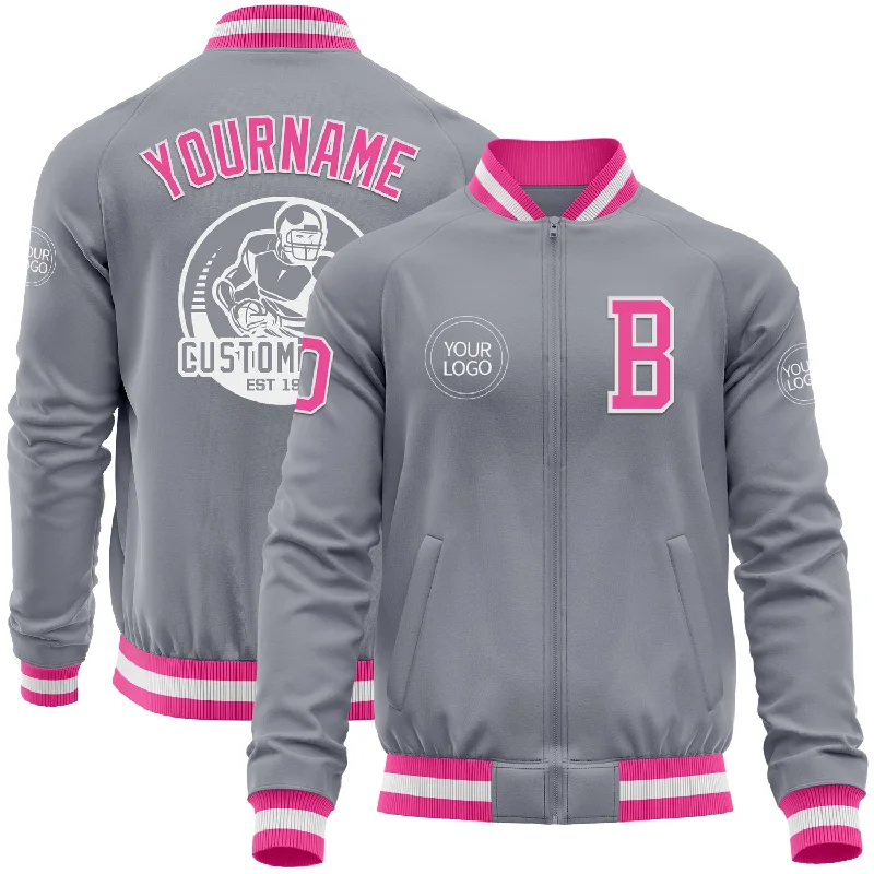 Fishing reel maintenance oil-Custom Gray Pink-White Bomber Varsity Letterman Zipper Jacket