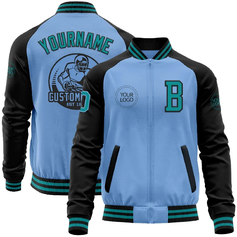 Fishing reel bearing grease-Custom Light Blue Teal-Black Bomber Varsity Letterman Two Tone Zipper Jacket