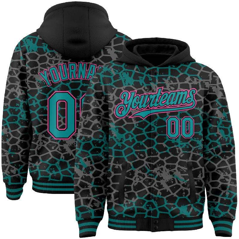 Fishing rod travel bag-Custom Black Teal-Pink Abstract Network 3D Pattern Design Bomber Full-Snap Varsity Letterman Hoodie Jacket